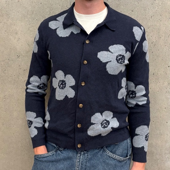 ART OF RHETORIC Blue Floral Retro Grandpa Button-Up Sweater, size Large - Picture 1 of 6